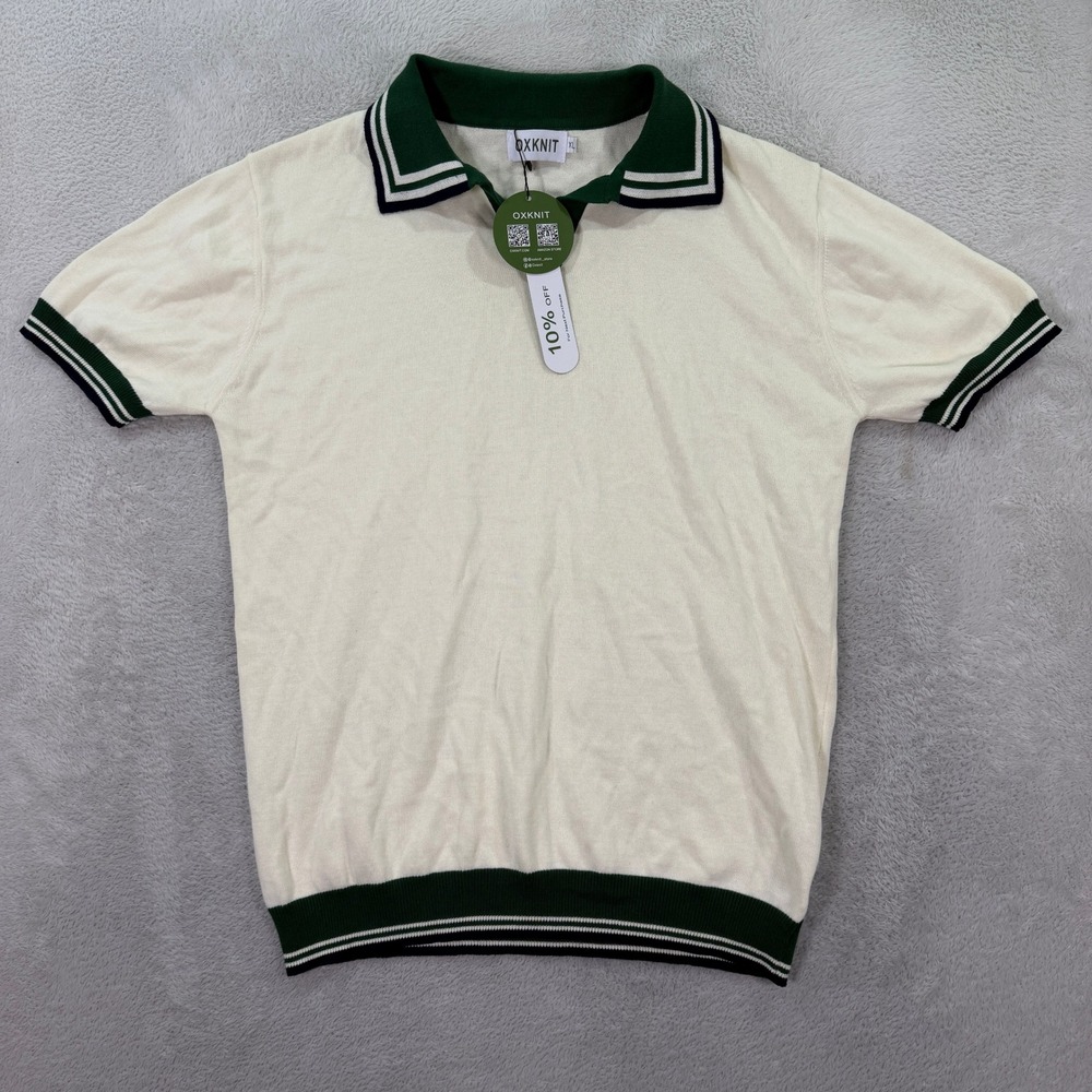 NEW OXKNIT Mens XL Polo Shirt Cream Green Striped Trim Knit Cotton Retro Classic